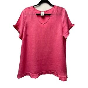 Match Point USA L Pink Linen Tunic Blouse Ruffles Fairy Beachy Coastal Resort